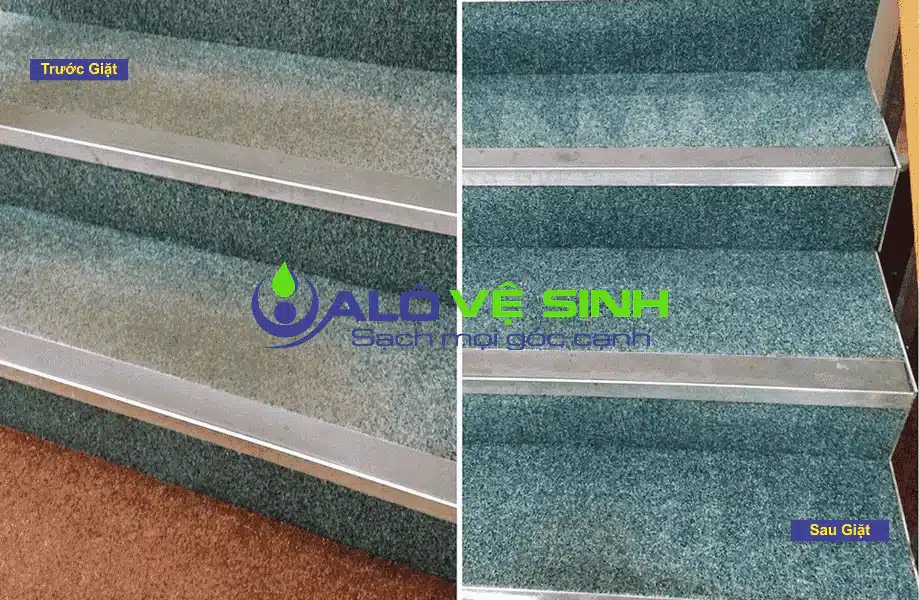 Dịch Vụ Giặt Thảm - 30 Phút Có Mặt & Giá Tốt TPHCM Hình ành chất lượng trước và sau khi giặt thảm cầu thang.