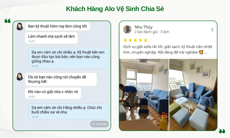 Lời khen về đội ngũ kỹ thuật vệ sinh nệm làm việc nhanh và nhiệt tình